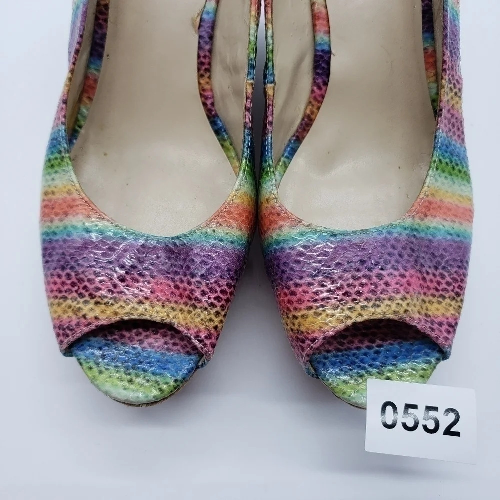 𝅺nine West women US 9 rainbow wedge heels Cheerful-30 open toe cork vegan PRIDE